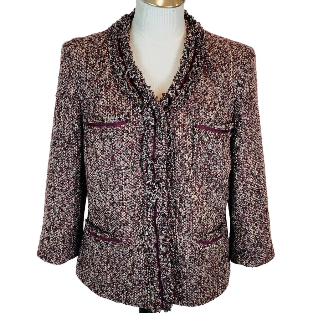 Talbots Tweed Fringe Blazer Burgundy Size 12P‎ Petite. 3/4 Sleeveless. Pockets